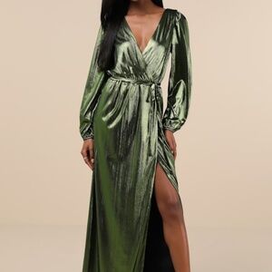 Extra Aesthetic Green Metallic Long Sleeve Surplice Maxi Dress